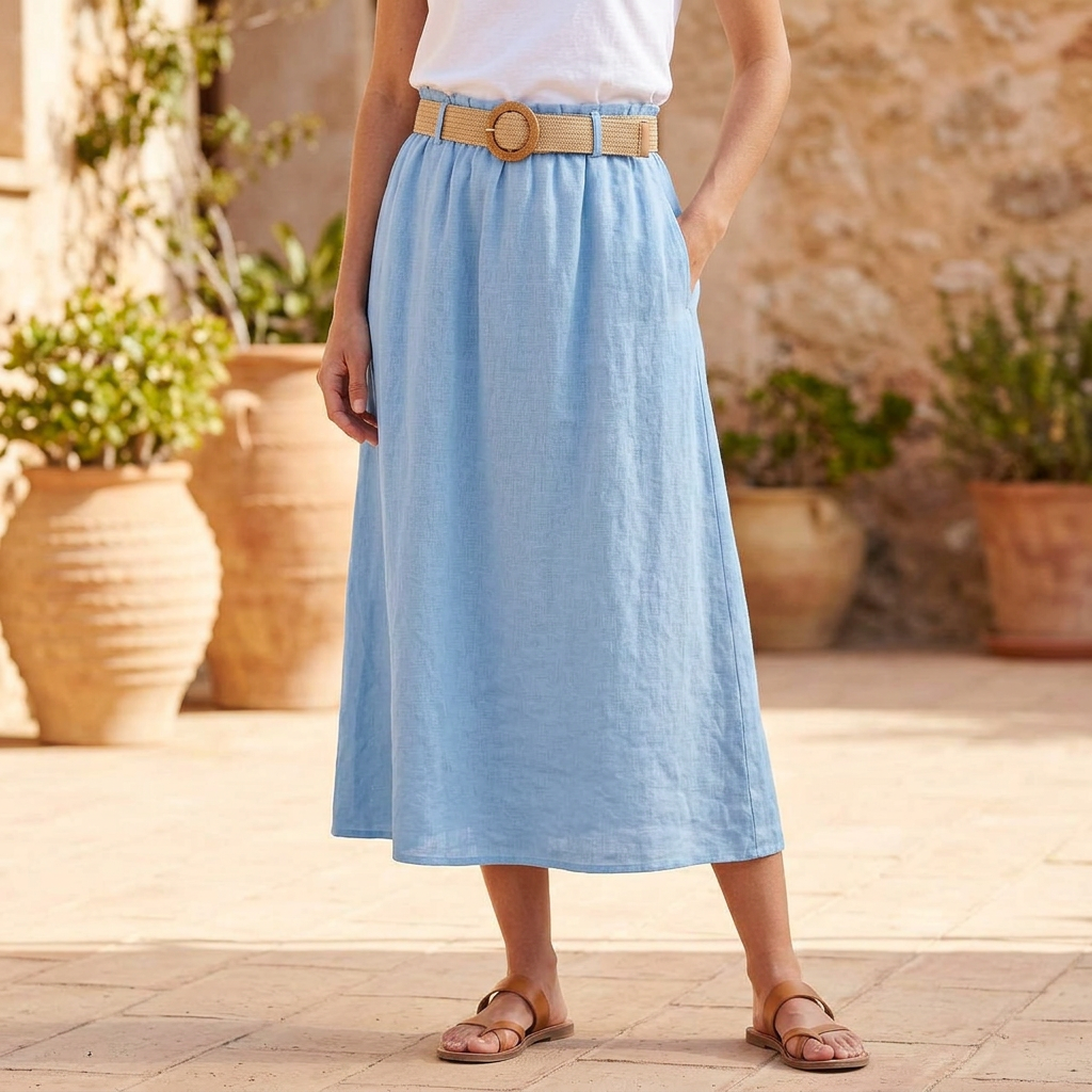 100% linen skirt with belt in many colors midi natural (copy)