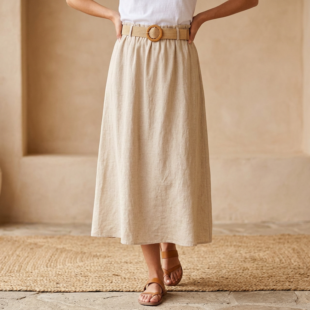 100% linen skirt with belt in many colors midi natural (copy)