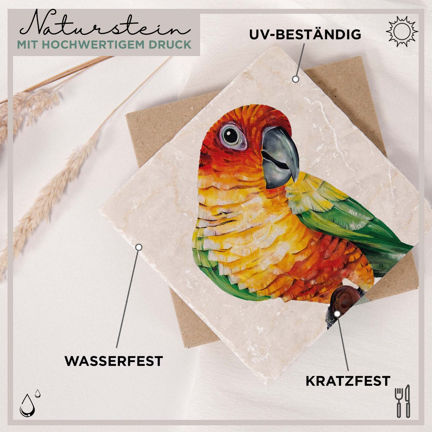 Tile coaster [natural stone] - Sun Parakeet