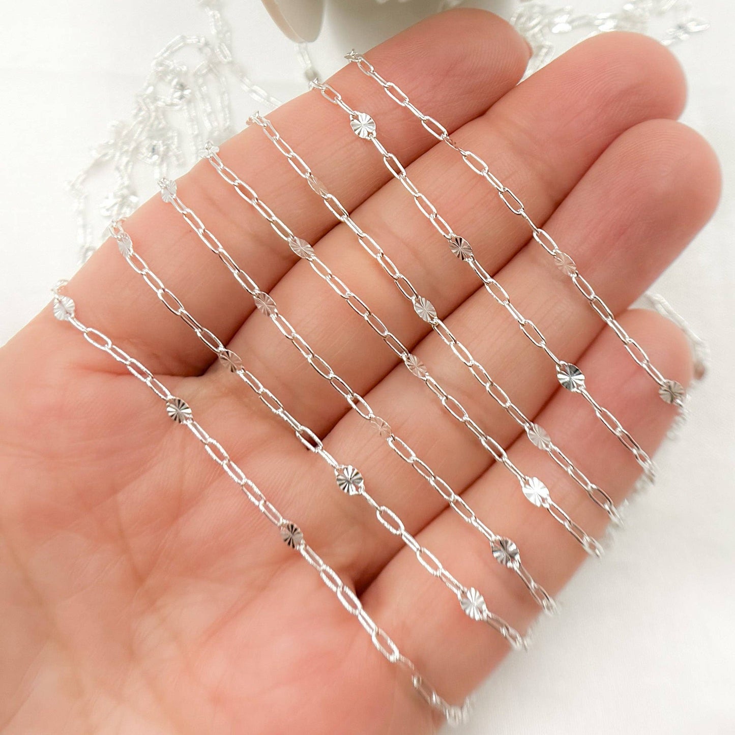 V241SS. Sterling Silver Smooth Paperclip and Diamond Cut Marina Link Chain
