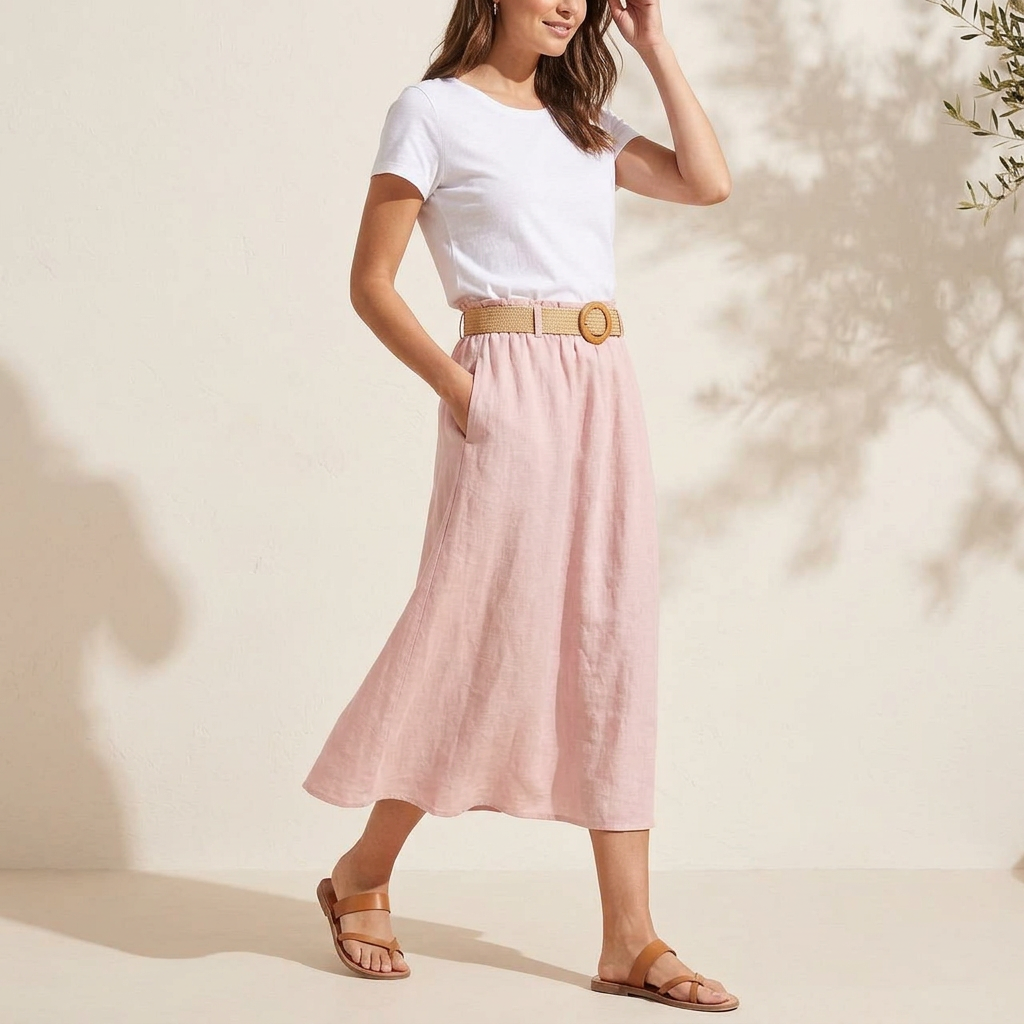 100% linen skirt with belt in many colors midi natural (copy)