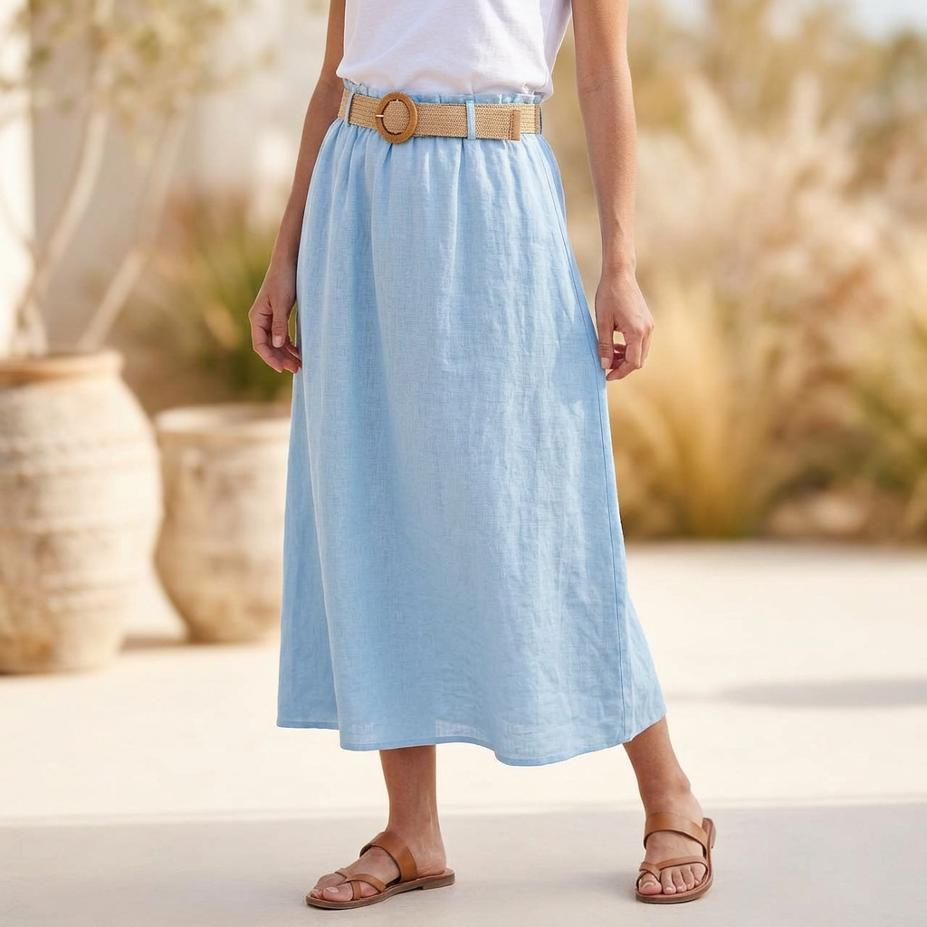 100% linen skirt with belt in many colors midi natural (copy)